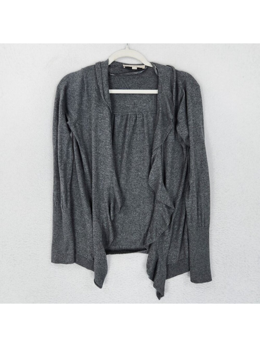 LOFT Sweater Womens Small Gray Ruffle Open Front Knit Lightweight Cardigan
